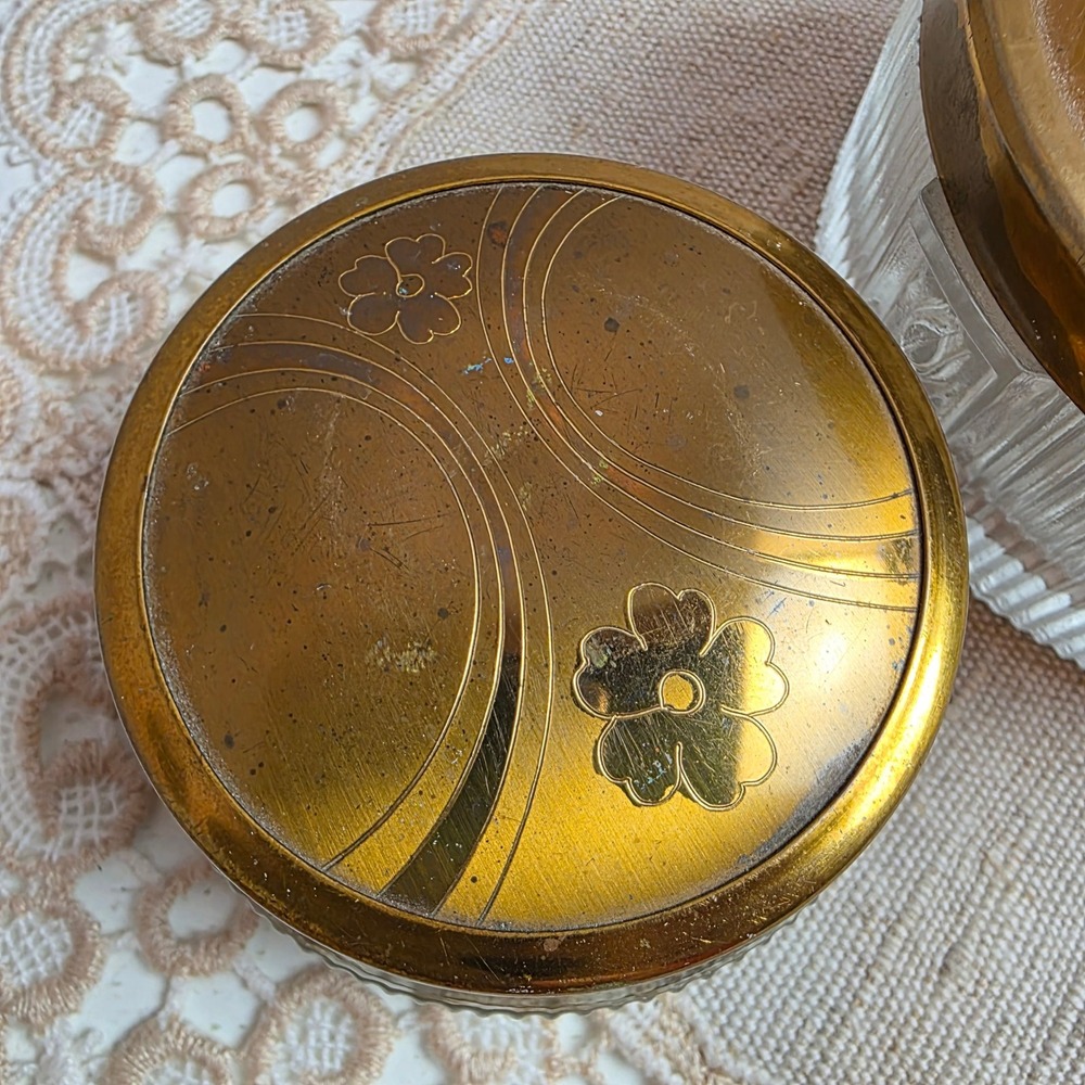 Vintage Glass Vanity Jar Set 2pc Floral Etched Brass Lids Ribbed Clear Glass - Picture 2 of 10